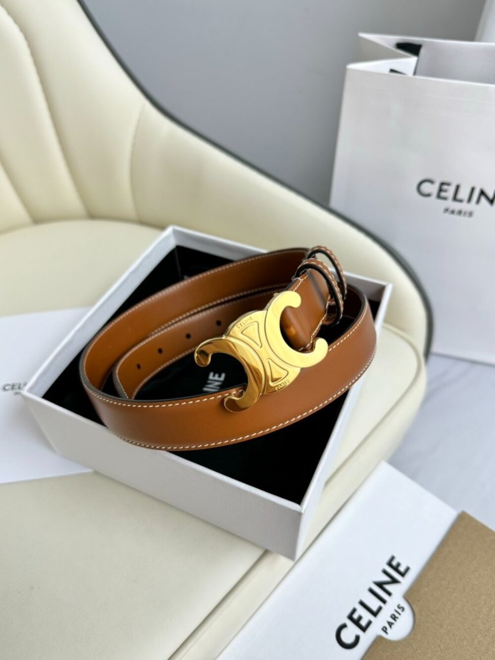 Celine Triomphe belt in gold and brown leather